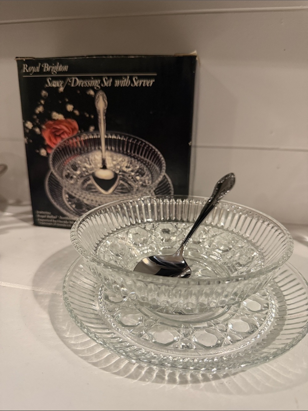 Brighton Clear Pressed Glass Sauce Bowl with Plate and Stainless Spoon